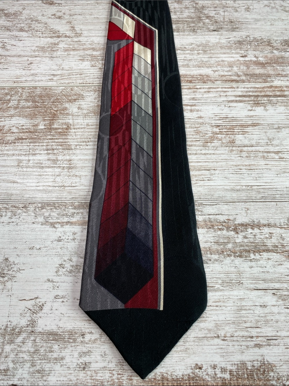 Evan Picone 90s Silk Tie Red Gray Black Geometric Panel Wide 58” Made USA